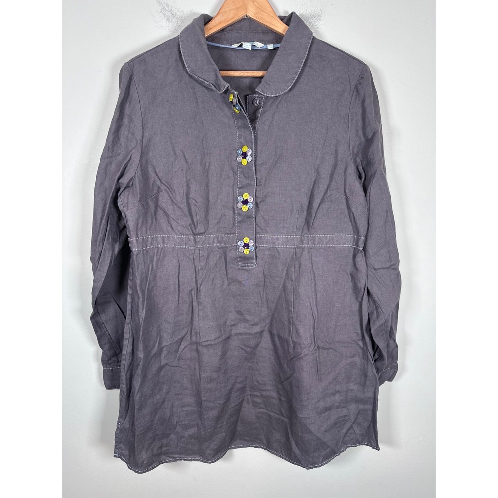Boden Linen Tunic Shirt Women 12 Gray Floral Button Lagenlook Art Teacher Indie